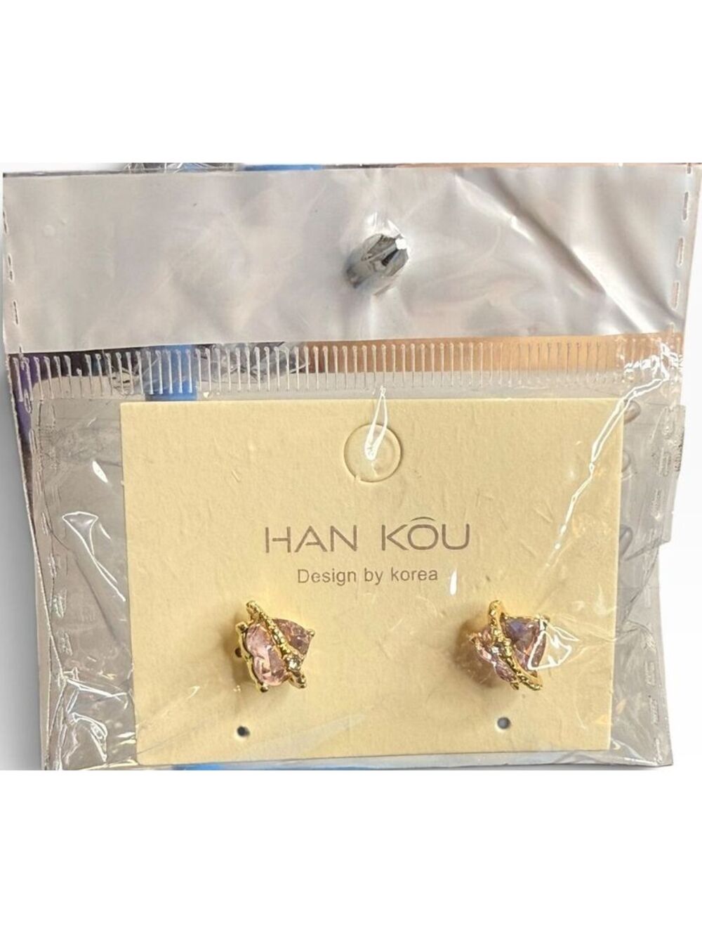 HAN KOU Pink Crystal Stud Earrings Gold Tone Design by Korea